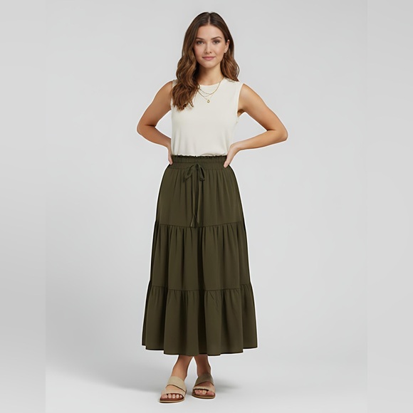 Army Green Boho Tiered Ruched Skirt - Picture 4 of 10